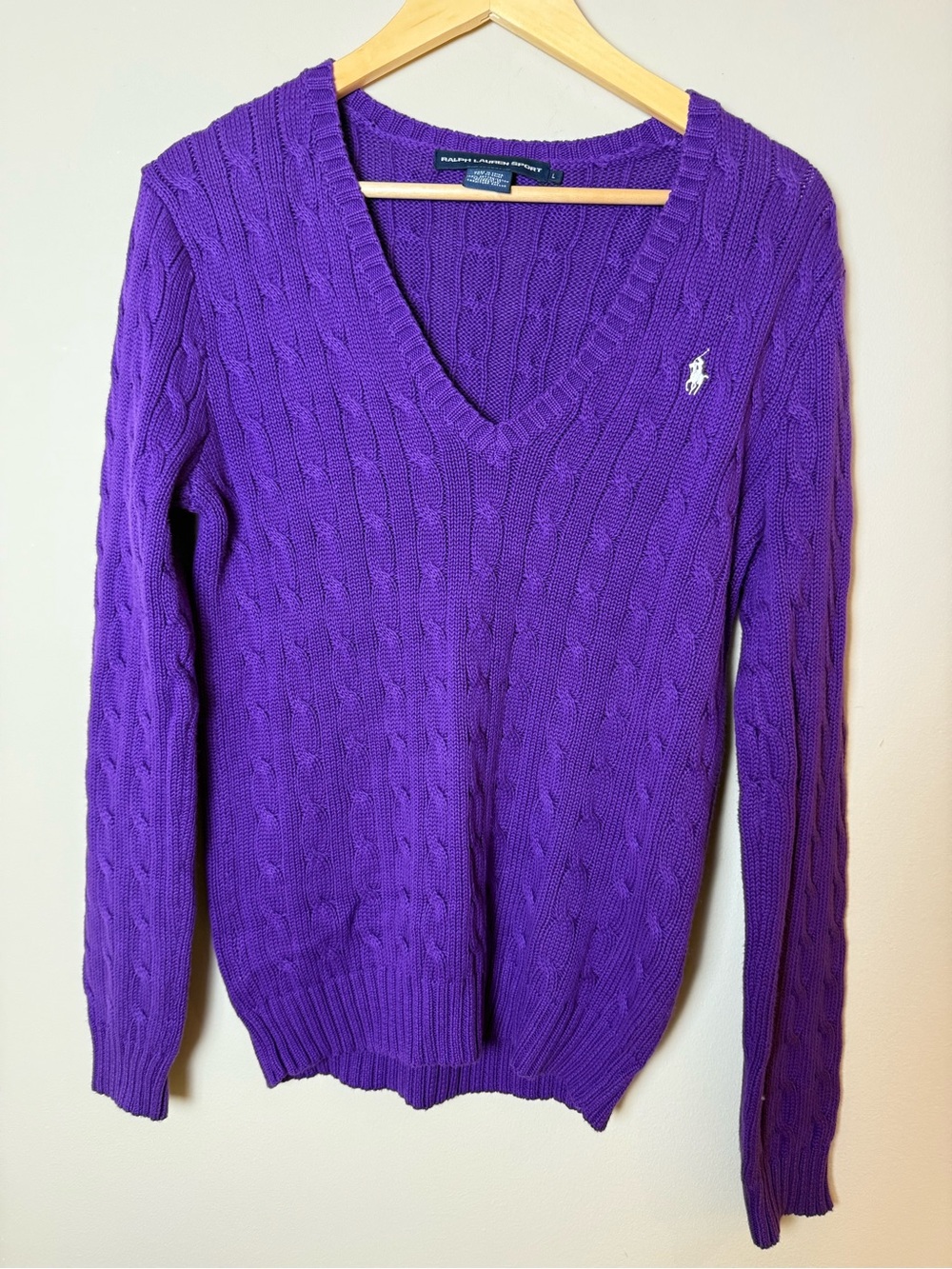 Ralph Lauren Sport Purple Cable Knit V-Neck Sweater Size L #PrepyStyle